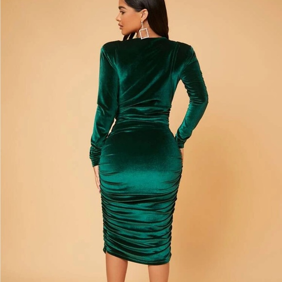 Sexy Deep V Neck Ruched Velvet Bodycon Dress womens midi party prom dress maxi - Picture 3 of 6